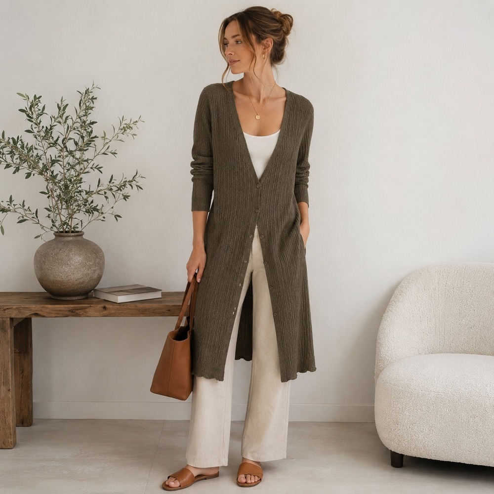 Natural Life Olive Ribbed Duster Cardigan Button Front Boho Lagenlook‎ S/M